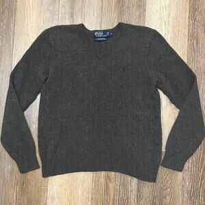 VTG Polo Ralph Lauren 100% Lambswool Army Green Knit Sweater V-Neck Mens XL Prep